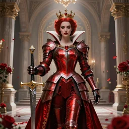 evil ‘queen of hearts' goddess from 'Alice in wonderland' wearing red armor, queen, female knight, red hair, crown, holding unsheathed excalibur, standing in beautiful castle hall, rococo architecture, dramatic light, extreme detail, hyper realistic, flowers and petals, sucker punch, trending on artstation, epic wallpaper