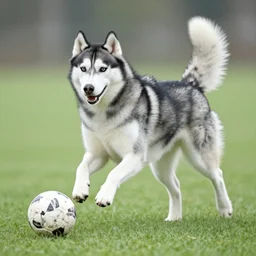 a siberian husky playing soccer