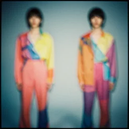ultra contemporary hi fashion colorful photo, very faded, grainy, very blurry, expired film, symmetrical