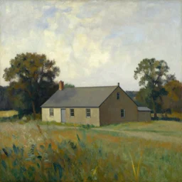 a building in a landscape, by andrew wyeth