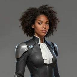Portrait of a woman by Greg Rutkowski, she is about 30 years old, mulato, afro hair, attractive and beautiful, she is wearing a futuristic lawyer outfit, highly detailed portrait, scifi, digital painting, artstation, concept art, smooth, sharp foccus ilustration, Artstation HQ