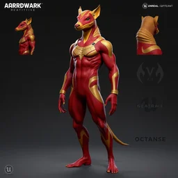 character design sheet, aardvark man, skin tight suit, aggressive, red and gold color scheme, unreal engine, volumetric lighting, octane render