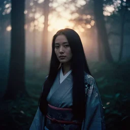 portrait bust of woman, model, film grain, kodachrome, dense forest, long black hair, low key, classic kimono, heavy fog, backlit, princess mononoke, 4 k, greg rutkowski, shallow depth of field, dramatic lighting, sunset, hayao miyazaki, masashi ando, nizou yamamoto, kazuo oga, joe hisaishi, yoji takeshige, naoya tanaka