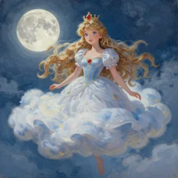 painting by krenz cushart, portrait of a charming luna princess, floating in the cloud under the moonlight, finely detailed features, intricate brush strokes, beautiful lighting, trending on pixiv fanbox.