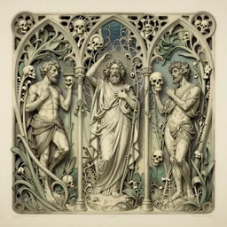 detailed realistic memento mori lithograph by cameron gray, augustus pugin, and hector guimard, gothic ornament, skulls, bones, art nouveau, neogothic, ornate art nouveau botanicals, horizontal symmetry