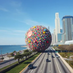 live footage of a giant katamari rolling down chicago's lake shore drive, 4 k screen capture