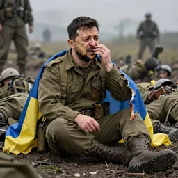 a caricature of Volodymyr Zelensky at war,  dressed like  a Vietnam war American soldier ,  sitting on the ground between dead corpses , crying and weeping, holding a half burnt  flag of Ukraine,  by Achille Superbi