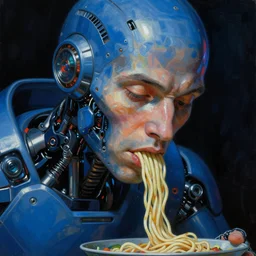 futuristic sci - fi robot man eating noodles. close - up portrait. reflective textures. deep blue tones. black background. highly detailed science - fiction painting by norman rockwell, moebius, frank frazetta, and syd mead. rich colors, high contrast. artstation