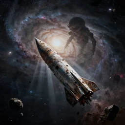 a derelict rocket floating on the edge of a dark nebula! a giant space monster!!, a spiral galaxy in the background, debris rocks metal, silhouette, close up, crepuscular rays, dramatic lighting, cinematic, science fiction, 1 9 7 0 s alien, spooky, moody, octane render 4 k