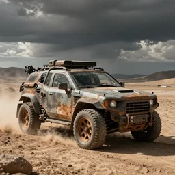 postapocalyptic armed car in style of vangers rusty jury - rigged desolate lanscape