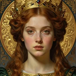 detailed realistic beautiful young medieval queen face portrait by jean delville, brooke shaden, gustave dore and marco mazzoni, art nouveau, symbolist, visionary, gothic, pre - raphaelite, ornate gilded medieval icon, surreality