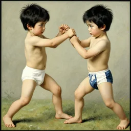 twin brothers with black hair and blue eyes play fighting. Ruan Jia. JC Leyendecker. Karlkka