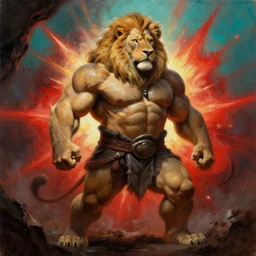 oversized muscular lion barbarian hunter full human body in portrait pose and strong shiny backlight  of sun rays , red planet explosion  in cyan background , very textured detailed  oil painting by rembrandt , hard backlight , in dark cave