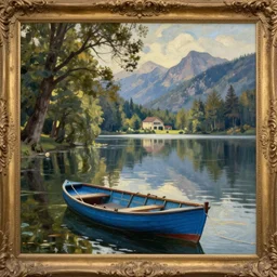 an ornate oil painting of an old blue rowing boat at the side of a still lake with the reflection of the trees and mountains visible in the water and a large house barely visible in the distance on the opposite side of the water through a gap in the trees