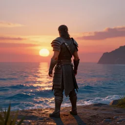 full length portrait of a male warrior standing on the shore looking out at the ocean, rendered in bryce 3 d, ray - tracing, water ripples, sunset, vibrant color, mysterious atmosphere, depth of field, cinematic lighting, focused, rule of thirds, trending on artstation