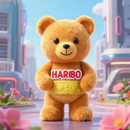 portrait of haribo bear in future city, color and shape focus, central composition, natural light, bloom, puff, by s