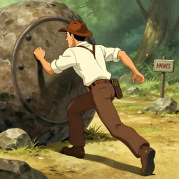 Indiana Jones running away from boulder trap, raiders of the lost ark, anime style