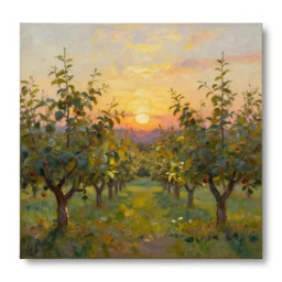 an orchard at sunset, impressionist painting, oil on canvas, golden hour, beautiful lighting