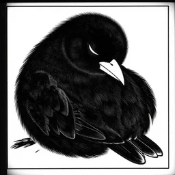 a still frame from comic strip, a portrait of big black fluffy furry sleeping bird 1 9 5 0, herluf bidstrup, new yorker illustration, monochrome bw, lineart, manga, tadanori yokoo, simplified,