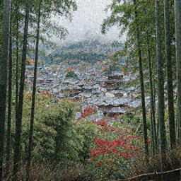 Ancient city, Japanese architecture, city is surrounded by tall bamboo, in a bamboo forest, on a mountain, the weather is mist, red leaf trees and bamboo, ultra realistic, detailed, 4k
