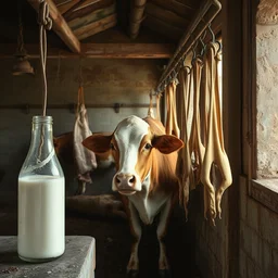dirty bottle of milk and a cow inside rusted slaughterhouse with hanging meathooks