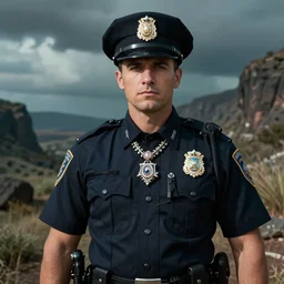 A jewelpunk police officer, jewel tones, beautiful, analogous colors, moderate saturation