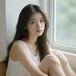 a thin, pretty young Filipino girl sits near the window of a cute seaside Cafe with an espresso, golden morning light, cozy, tropical plants, Spirited Away