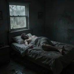 art station, man in bed, just waking up, dark room, desolated, a window, atmospheric, grunge