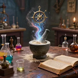 incredible fake, table, wizards laboratory, greg rutkowski, mortar, pestle, magic powder, compass energy flowing, magic book, beakers of colored liquid, tony sart