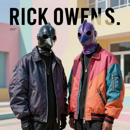 two models in plastic bird masks wearing baggy colorful 9 0 s jackets by rick owens. magazine ad. pastel brutalist background.