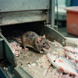 film still of a rat working the loading docks of a fish market, 8 k