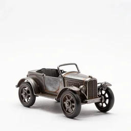 wrought iron die-cast toy car, studio product photography, isolated on a pure white background, centered, entire object in frame, sharp focus, soft studio lighting