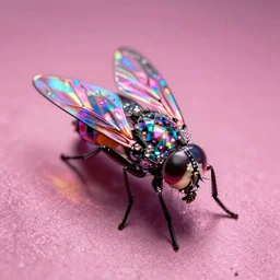 high quality macro photo holographic graffiti fly! jeweled gorgeous! highly detailed digital art david ligare elson peter cinematic pink neon lighting high quality low angle hd 8k sharp shallow depth of field