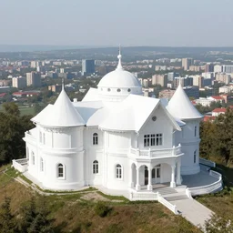 white mansion on a mountain, overlooking postsoviet city in the background