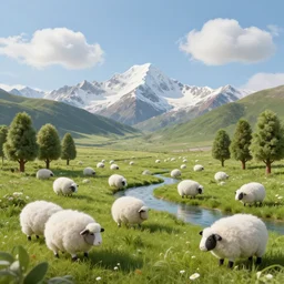 a meadow made of wool, wool mountains in the background, wool trees, wool river, wool clouds, an award winning artwork, realistic, beautiful, high quality, professional, raytracing effects