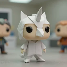 beautiful three point perspective film still of funko pop origami unicorn in blade runner, extreme closeup portrait in style of frontiers in miniature porcelain photography fashion architectural art studio edition, miniature porcelain portrait, eye contact, tilt shift style medical scene background, soft lighting, kodak portra 4 0 0, 8 k, macro, cinematic style by emmanuel lubezki