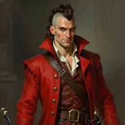 medium-length portrait of a male  elven dashing swashbuckler with a mohawk and brown eyes, fair skin, cocky expression, wears a ostentatious bright red longcoat, pirate setting, highly detailed, digital painting, artstation, concept art, sharp focus, illustration, art by greg rutkowski and alphonse mucha