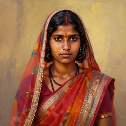 stunning, breathtaking, awe - inspiring award - winning concept art portrait painting by steve mccurry of a beautiful young hindu woman with short, wavy hair, wearing a colorful sari