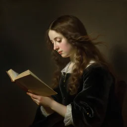 a girl reading book, hair flowing down, contrast, dramatic, by Noel Coypel