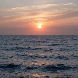An aesthetically pleasing, dynamic, energetic, lively, well-designed digital art of the ocean at sunset, light and shadow, by Claude Monet, superior quality, masterpiece, excellent use of negative space. 8K, superior detail.