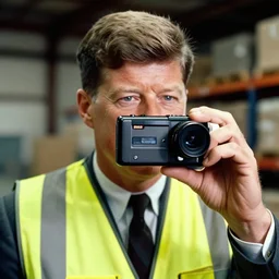 photo, close up, john f kennedy in a hi vis vest, in warehouse, android cameraphone, 2 6 mm,