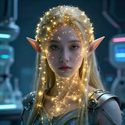 an ultra realistic, cinematic, fantasy, portrait, of a scientific elf, fairy lights, facial features, in a lab, with futuristic clothing and neon lights, detailed, deep focus, movie still, dramatic lighting, ray tracing, by michal karcz and yoshitaka amano