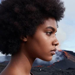 close up of head of a black fashion model with large afro at the edge of active etna vulcan, official valentino editorial, highly detailed
