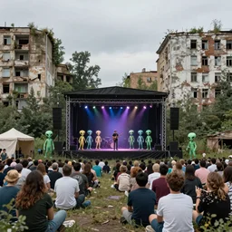 a festival with aliens on stage and in the audience. the festival takes place in an old abandoned soviet city that is partially overgrown, in the style of simon stalenhag
