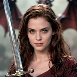 A film scene of Buffy the Vampire Slayer in Game of Thones, Full Body, sword, fantasy, dragons, detailed, facial detail, DnD, Dragons and Vampires in the background