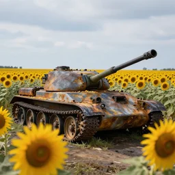 a photograph of a burnt out tank in a field on sunflowers, realistic
