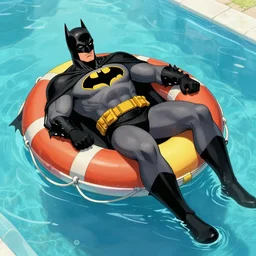 realistic comic of batman, he is lying over a colorful life preserver and relaxing while he is floating over a giant pool, he is drinking an exotic pineaple drink and wearing sunglasses, by neal adams, aerial view, stock photo, golden hour, high detail, unreal engine 5, trending on artstation