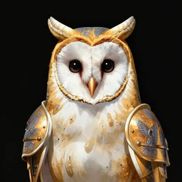 barn owl warrior wearing an armor,small horns like a crown in the head, by Takeshi Obata