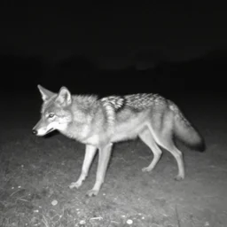 bad quality blurry nightfootage nightcam black and white trailcam footage of native weird distorted human body Skinwalker transforming into a coyote, low resolution, compressed