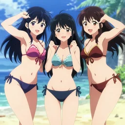 unbelievably beautiful, perfect, dynamic, epic, cinematic 8 k hd anime shot, three beautiful cute young j - pop idols av actresses in japanese girl band, posing together in swimsuits. by amagaitaro, makoto shinkai, krenz cushart, asao urata, pixiv